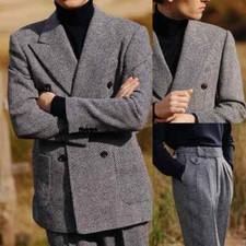 Herringbone Business Men Suits Regular Fit Formal Peak Lapel Double Breasted New