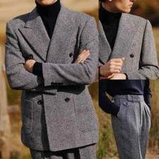 Herringbone Business Men Suits Regular Fit Formal Peak Lapel Double Breasted New