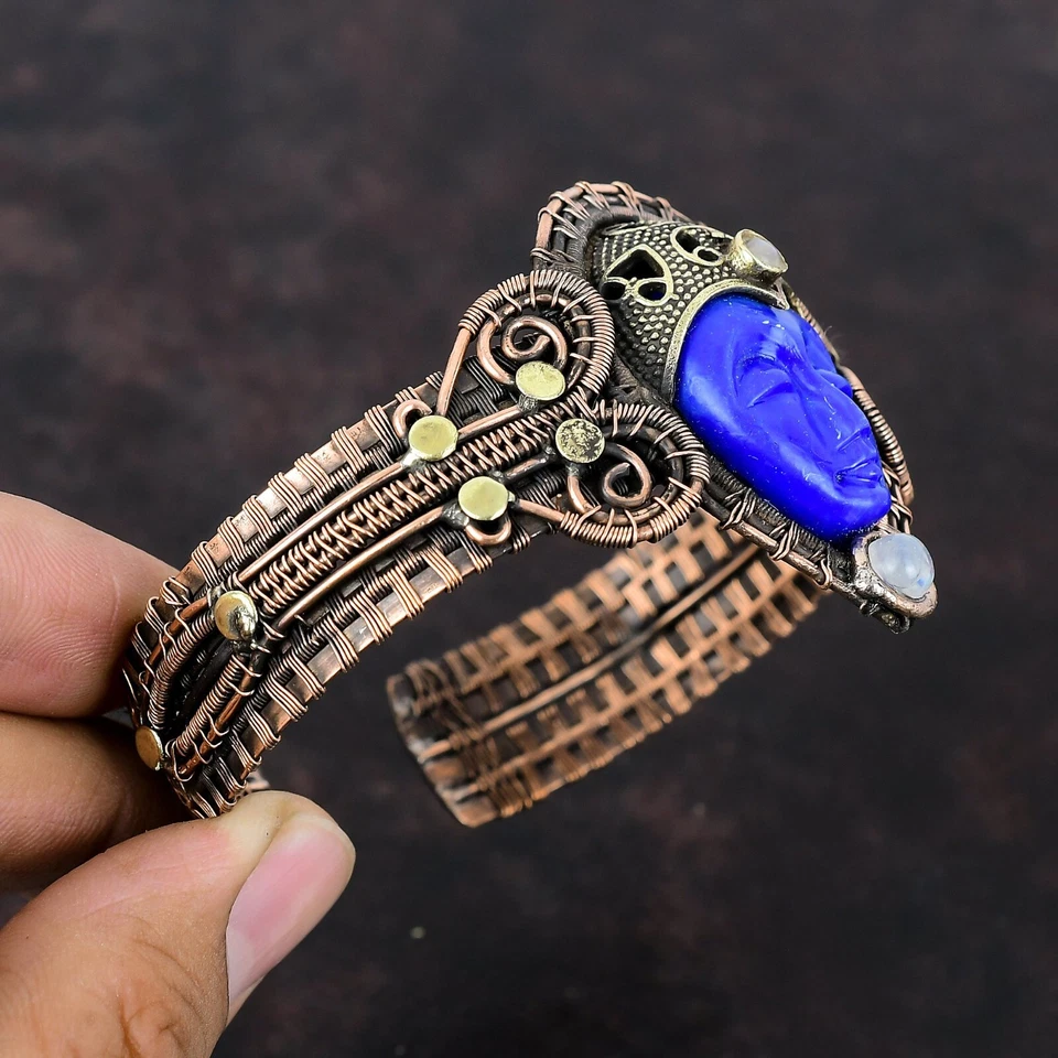 Presente para ela rosto esculpido azul fio embrulhado punho ajustável joias de cobre - Imagem 4 de 4