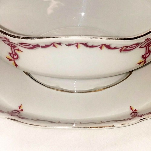 Vintage KPM Germany Porcelain Gravy Boat w/ Attached Underplate Red Gold Trim - Picture 6 of 11