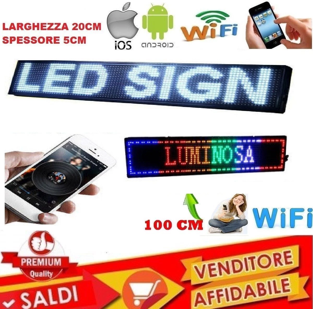 Insegna Luminosa LED WiFi | 100x20 Cm | Testo Scorrevole Personalizzabile | RGB Colorato | Per Negozi