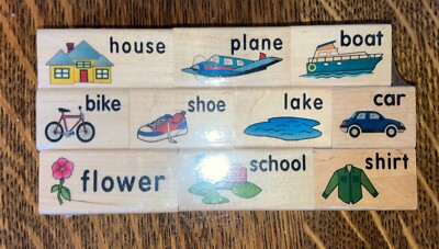 Vintage Set of 10 Lakeshore Learning Wood Stamps  Places & Things 