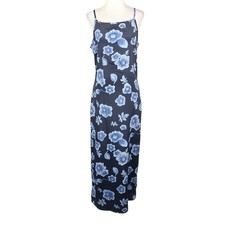 Vintage 90s M Collection Navy Blue Floral Square Neck Maxi Dress S