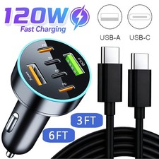 120W Fast Car Charger 6 Port Adapter  Cable For Samsung Galaxy S25 S24 A17 A15