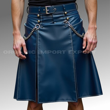 Men's Modern Navy Blue Leather Kilt with Chain Detail Gothic Streetwear Skirt
