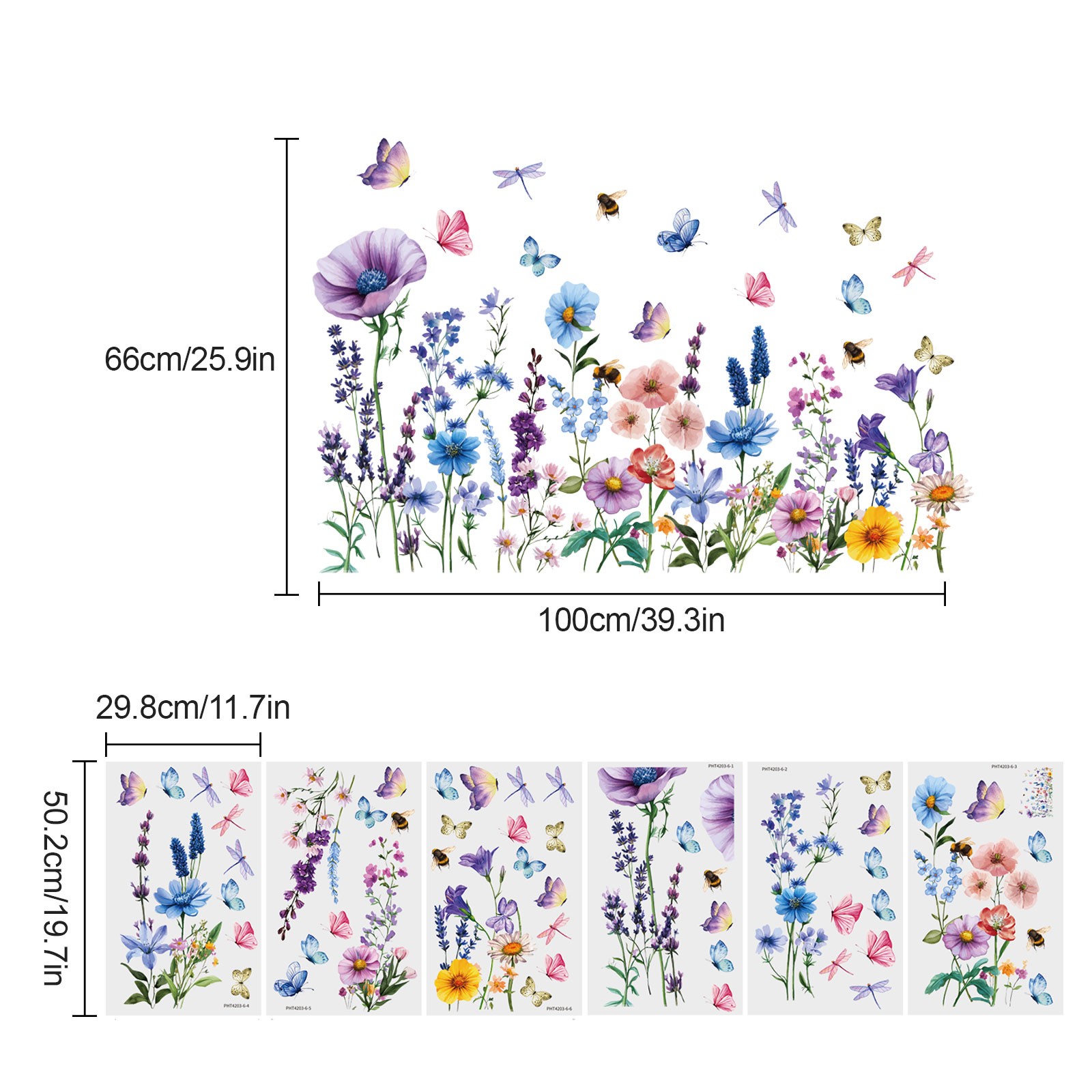 Watercolor Floral Wall Stickers with Colorful Dragonflies, Peel and Stick Mural