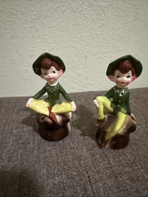 1950's VTG Enesco Pixie Elf Mushroom Ceramic Salt & Pepper Shakers W/stickers