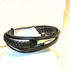 Fashion Bracelet Black Leather Stainless Steel Cross Multi Wrap Lot 105D