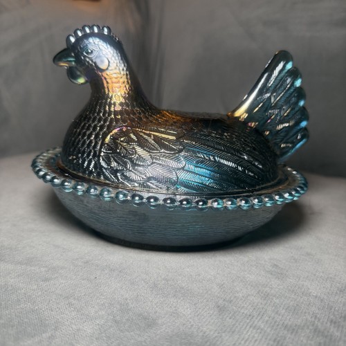 VTG Indiana Hen On a Nest Beaded Candy Dish 7" Iridescent Blue Carnival Glass