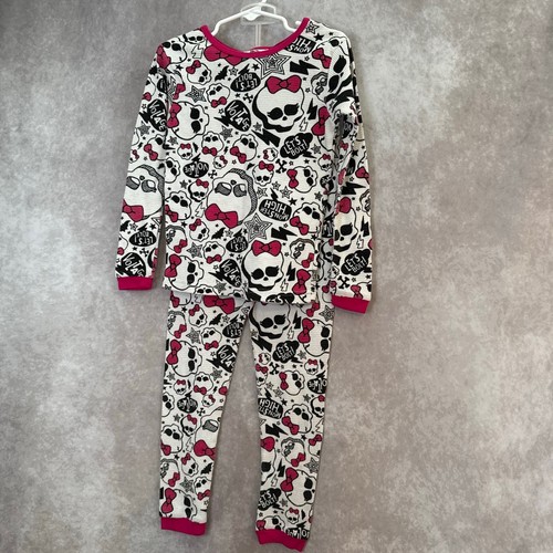 2013 Monster High Thermal Girls Pajama 2pc Set Size 8 Pink Skulls White Black - Picture 2 of 6