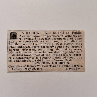 The Southgate Farm Stephen Emerson 1871 Worcester MA Clipping TAJ8-S88