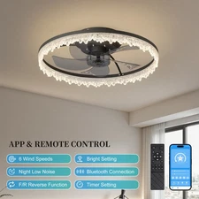 20" Flush Mount Ceiling Fan Light Wave Crystal Design LED Dimmable Fixtures Kit