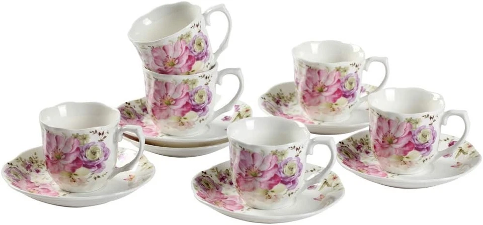 Juego de té de 12 piezas -7 oz nuevas tazas y platillos de té de porcelana de hueso con patrón de flores rosas Foto 2 de 4