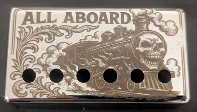 Individuell gravierter Humbucker Cover Crazy Train Motiv 50 mm Mastabstand