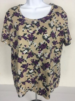 White Stag Top Women Size XXL Beige w Purple White Flowers Round Neck T shirt