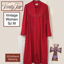 Vintage Vanity Fair Red Fleece Zip-Front Robe Women Sz M, Quilted Yoke Gold Trim