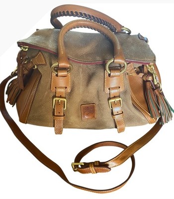 Dooney & Bourke Suede Nubuck Leather Satchel Crossbody Camel Brown Tassel Bag