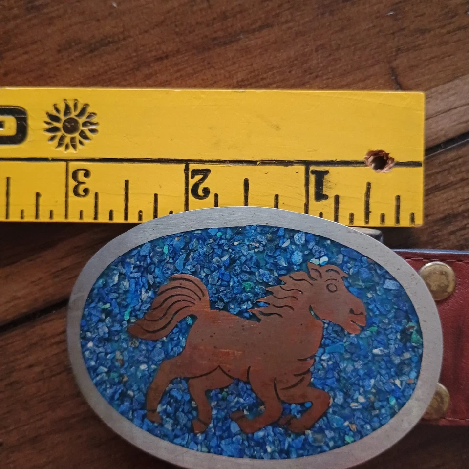 De colección México Alpaca Plata Cobre Turquesa Incrustación Cinturón Hebilla Caballo Galopante Foto 3 de 4