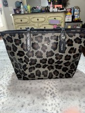 Coach Leopard Animal Print Large Tote Zip Top Double Handles Silver HW