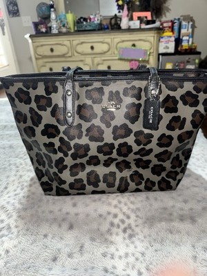 Coach Leopard Animal Print Large Tote Zip Top Double Handles Silver HW