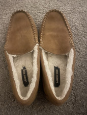Lands' End Women's Brown Suede Faux Fur Lined Moccasin Slip-On Slippers 7