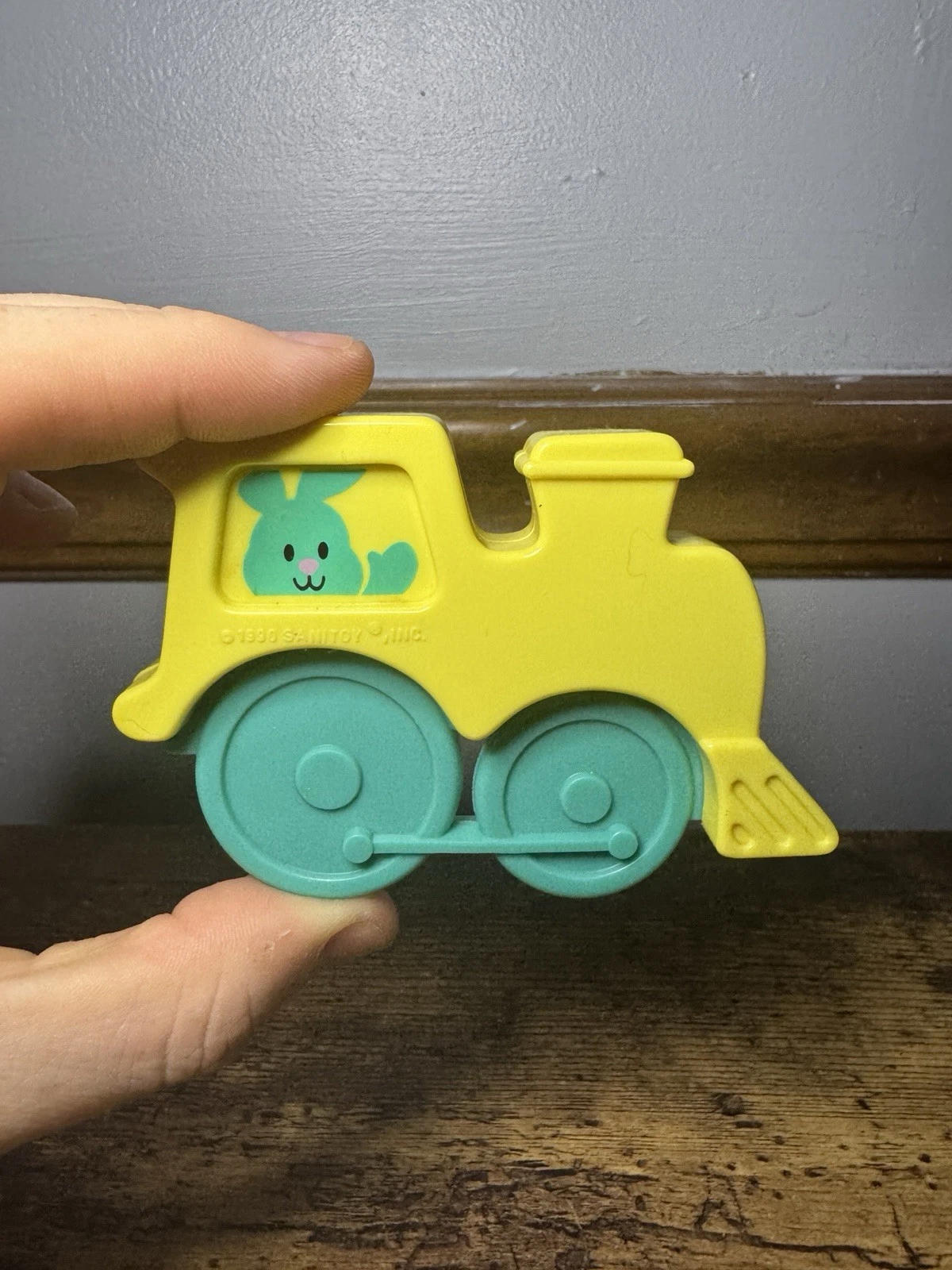 Sanitoy 1990 Vintage Bunny Rabbit In A Train Rattle/Teether Baby Toy