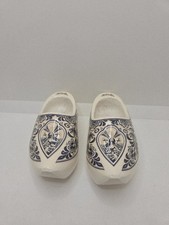 Vintage Holland Wooden Clogs Pair Blue White Hand Painted Dutch Souvenir Shoes