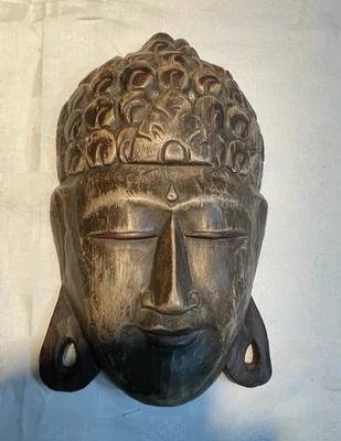 ANCIENNE GRANDE SCULPTURE STATUETTE MASQUE TETE DE BOUDDHA EN BOIS/7587V2 - Photo 1/4