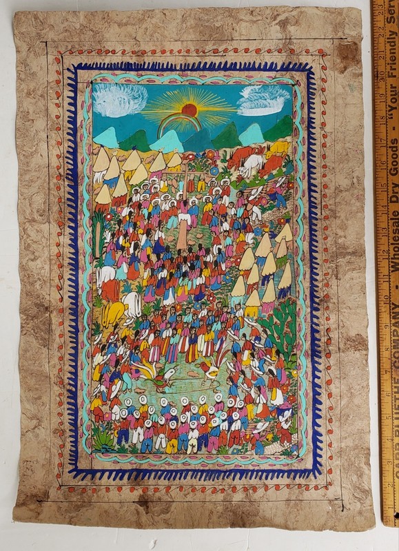 VTG MEXICO FOLK ART HAND PAINT AMATE BARK PAINTING 16" X 23" RELIGIOUS CELEBRATN