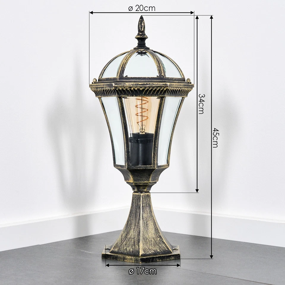 Antike Wegeleuchte E27 im Landhausstil, Metall & Glas Sockellampe, Schwarz-Gold - Bild 4 von 4