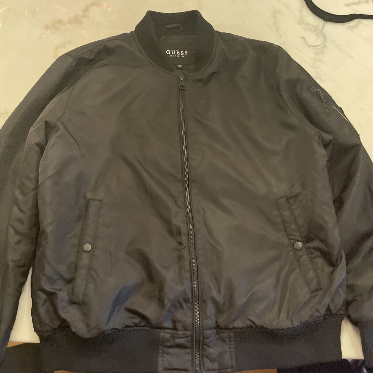 Guess Los Angeles Bomber Jacket Mens XL Black Full Front Zip Guess Los Angeles Bomber Jacket Mens XL Black Full Front Zip