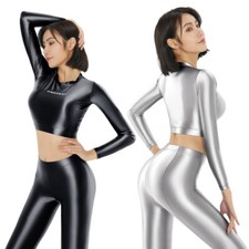 AMORESY Womens Tops T-shirt Swimwear Shiny Bodysuit Satin Glossy Long Sleeves