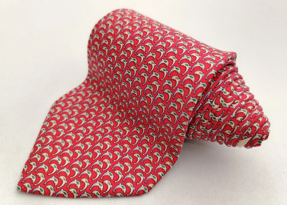 Salvatore Ferragamo Silk Designer Necktie Dolphin Repeat Pattern Red Men Tie - Image 2 of 4