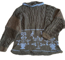 Vtg 1960s Brown Wool Hand Knitted Long Sleeve Chunky Knit Bird Motif Sweater EUC