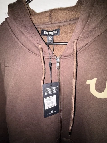 True Religion Mens Brown Solid Fleece Full Zip Hooded Hoodie Pockets XL 701373 image 5