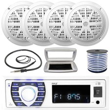 Pyle 1-DIN Marine MP3 Receiver W/White Cover, 4x 4'' 100W Max Dual Cone Speakers