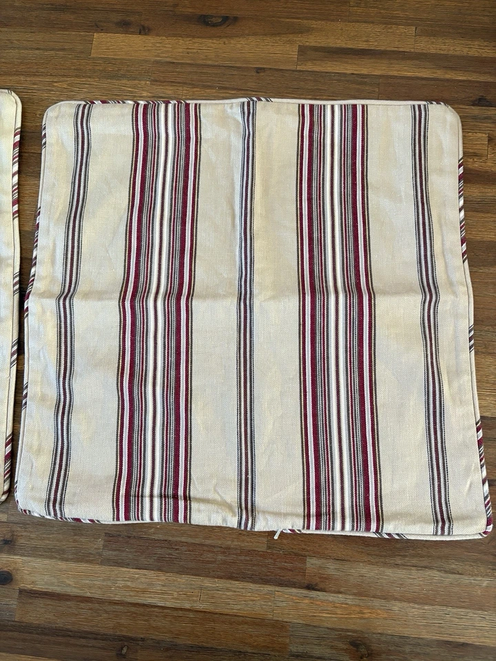 TWO Pottery Barn Pillow Cover Hudson Stripe Maroon Beige Brown Gray 20" - Image 2 of 4
