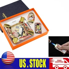 Windproof 2 Jet Torch Cigar Lighter Cutter 4 Cigars Holder Ashtray Gift Set Box