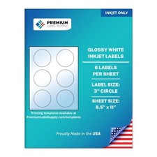 Glossy White Sticker Round Labels   3" Circle   Inkjet Glossy White 60 Labels