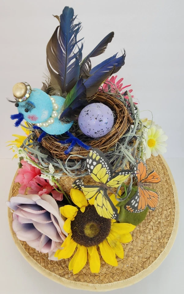Chapéu de Sol "Mãe Natureza" Tecido Exclusivo 15" Ninho de Pássaro Ovo Borboletas Flores Penas - Imagem 2 de 4
