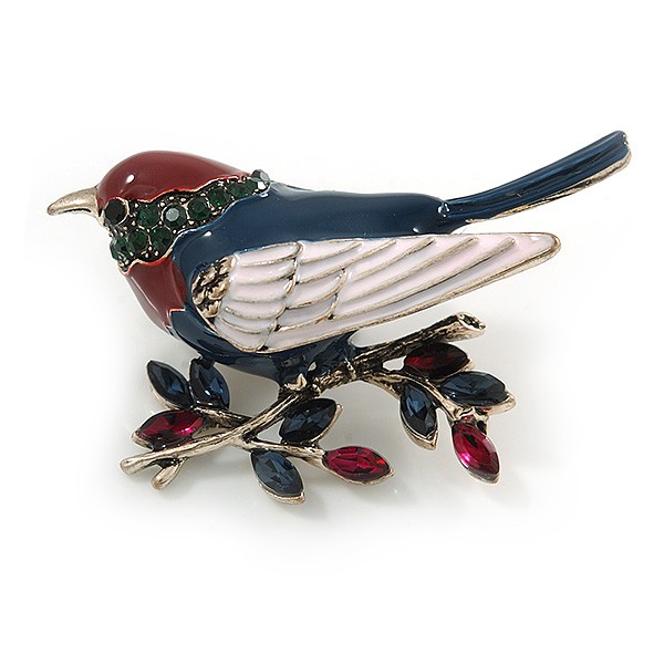 Red/ Blue/ White Enamel, Crystal Robin/ Bullfinch Bird Brooch In Silver Tone -