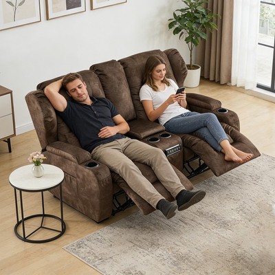 Loveseat Recliner Manual Home Theater Seat for Living Room w/ Pillow&Cup Holders