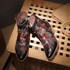 Women  s Ankle Boots Embroidered Floral Western Cowboy Boots Block Heel Fashion S