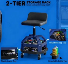 Height Adjustable Rolling Garage Stool on Wheels, Mechanic Stool with Tool Tray