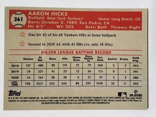 Topps 2021 cromo platino aniversario Aaron Hicks Aqua Refractor Yankees - Imagen 2 de 2