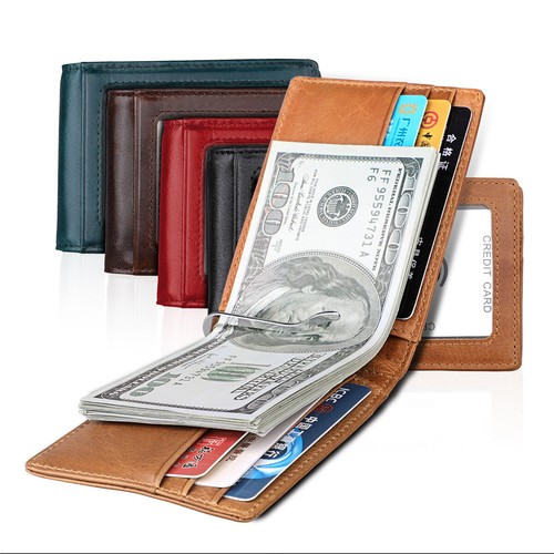 Cartera delgada para hombre con clip para dinero de cuero bloqueo RFID doble pliegue titular para tarjeta de crédito - Imagen 2 de 18