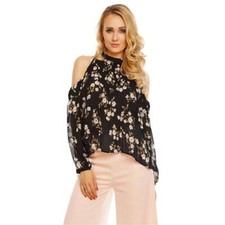 Damen Langarm Plissee Bluse aus Chiffon mit Blumen Schwarz #BL406