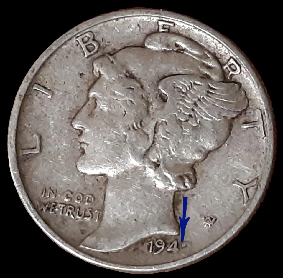 Erros de dez centavos de mercúrio 1942/41: chips LJBERTY-Die O & R-preenchidos na data, DEUS na Moto - Imagem 4 de 4