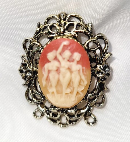 Vintage Three Graces Coral and White Silver Tone Faux Cameo Brooch/Pin