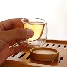 Double Wall Glass Tea Cup/Coffee Shot Glass with Bamboo Coaster (PACK of 4)